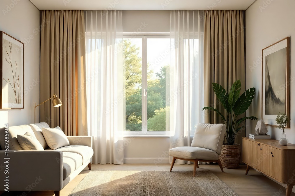 Fototapeta premium Elegant sheer curtains softly filtering sunlight in a bright living room, creating a tranquil and airy atmosphere Perfect for home decor inspiration , texture, interior, living room