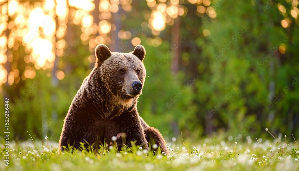 Obraz premium Brown Bear at Sunset in Wildflower Meadow