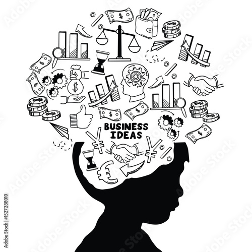 Business idea and business plan vector doodles. Set of business doodle elements made in vector. Idea, businessman, creative thinking, progress, graphs and all other kinds of business related elements