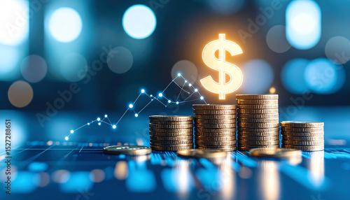 Stacks of coins with a glowing dollar sign and a rising graph, symbolizing financial growth and investment trends in a digital context