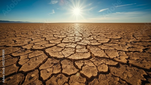 A sweeping, 16:9 aspect ratio landscape of arid desert terrain under the warm, golden glow of intense sunlight, where intricate networks of fine cracks etch the parched, sandy brown soil like a delica