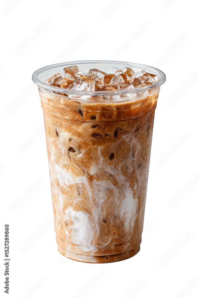 Iced latte in plastic cup view isolated on transparent background Iced latte in plastic cup view isolated on transparent background
