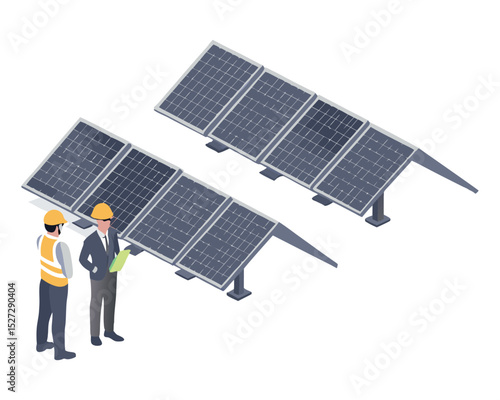 Business investor consulting with a solar engineer under bright sunlight at a photovoltaic plant, isometric cartoon illustration.