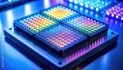 Biosensor microarray glowing with active spots across a precision nanotech diagnostic platform