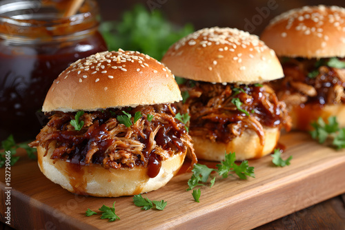 Close Up Of Gourmet Pulled Pork Sliders With Sesame Seed Buns And Fresh Parsley On A Wooden Board