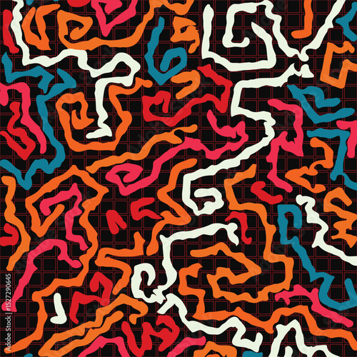 Colorful Hand Drawn Maze Pattern with Abstract Lines and Dark Background for Modern Design