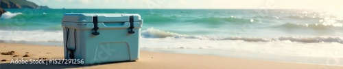 A sleek, modern cooler sits on a sandy beach near the ocean, ready for a refreshing adventure Waves gently lap the shore in the background , coast, modern, ocean