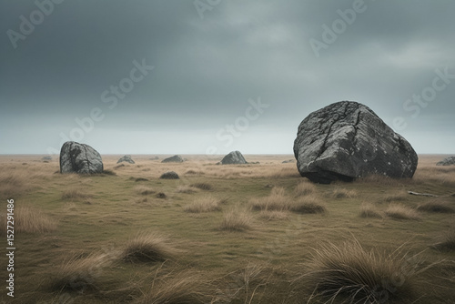 A deserted grassland with scattered large weathered boulders under a grey overcast sky. The landscape feels vast and empty, evoking a contemplative and melancholic mood. Soft diffused natural lighting