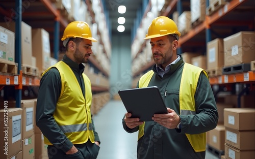 Warehouse manager explaining logistics to workers holding tablet. High quality