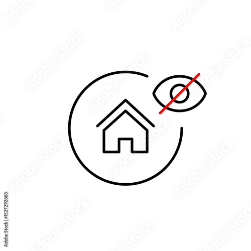 Vector icon of house with crossed-out eye, symbolizing hidden property, private residence, or invisible location. Ideal for real estate apps, security systems, and privacy settings