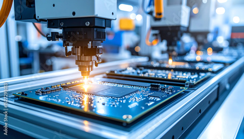 A high-tech manufacturing process showing machinery assembling circuit boards with precision and glowing elements in an industrial setting