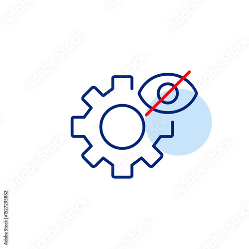 Vector icon of cogwheel with crossed-out eye, representing restricted access, concealed controls, or disabled features. Ideal for admin panels, security apps, and privacy settings