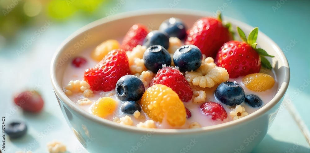 A bowl of colorful summer cereal with fresh berries and milk, sunlit and inviting Perfect for a light and refreshing breakfast or snack , snack, berries A bowl of colorful summer cereal with fresh berries and milk, sunlit and inviting Perfect for a light and refreshing breakfast or snack , snack, berries