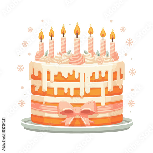 An orange and cream layered birthday cake with lit candles and a bow. Useful for websites or blogs about birthdays, celebrations, desserts, or parties.