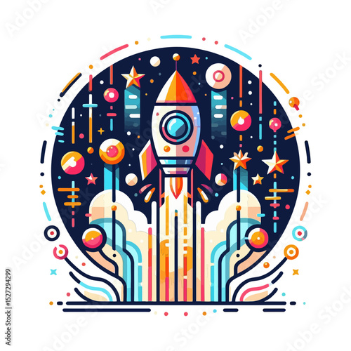 A colorful rocket taking off into a starry night sky with planets and lines. Useful for websites or blogs about space, innovation, startups, or achievement.