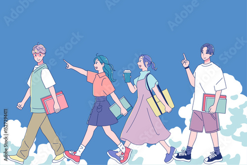 楽しく前向きに歩く男女、夏雲の背景