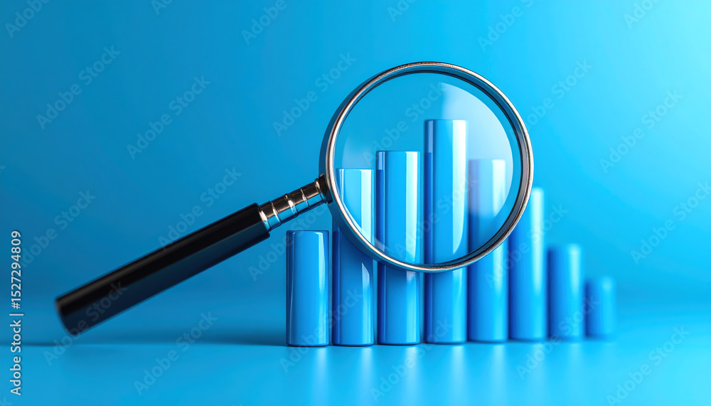 A magnifying glass highlights blue bar graphs on a bright background, symbolizing analysis and data visualization A magnifying glass highlights blue bar graphs on a bright background, symbolizing analysis and data visualization