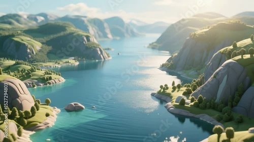 Wallpaper Mural Stylized cinematic animation of a majestic fjord with shimmering turquoise water, green hills and rocky cliffs, sunlight reflecting on the surface, camera soaring slowly forward above the water Torontodigital.ca