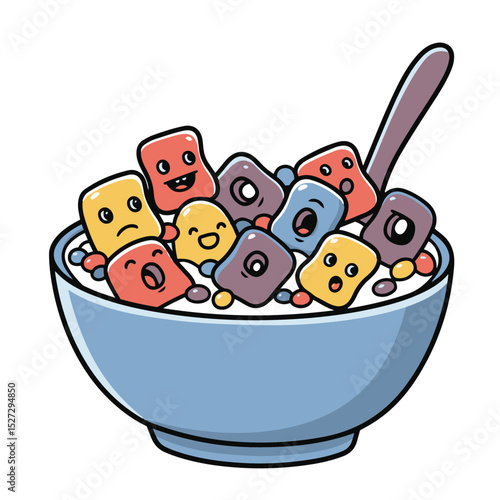 Cartoon cereal bowl filled with colorful smiling square characters and a spoon vector illustration