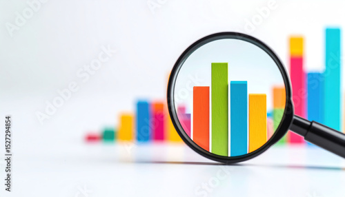 Colorful bar graphs viewed through a magnifying glass, symbolizing data analysis and growth