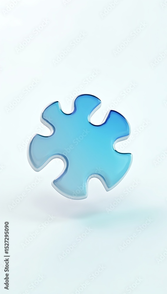 Obraz premium A floating puzzle piece icon in soft blue hues on a pastel white background representing strategic alignment, problem-solving, and the integration of ideas in collaborative work. 