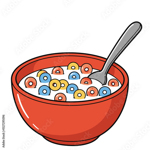 Cartoon illustration of a red bowl filled with colorful cereal and milk with a spoon
