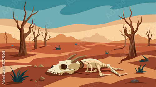 A bony carcass lies in the parched field surrounded by withered grass and wilted trees a heartbreaking testament to the devastating consequences of climate change.. Vector illustration