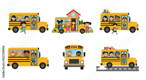Collection of cartoon school buses with diverse children arriving at school and riding on the road