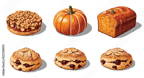 A delightful assortment of baked goods including pumpkin bread and almond chocolate scones displayed