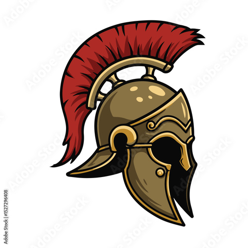 Stylized illustration of a roman gladiator helmet with red crest isolated on a white background
