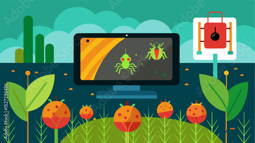 An AIdriven thermal imaging camera captures temperature anomalies in crops pinpointing the presence of pests that may cause damage.. Vector illustration