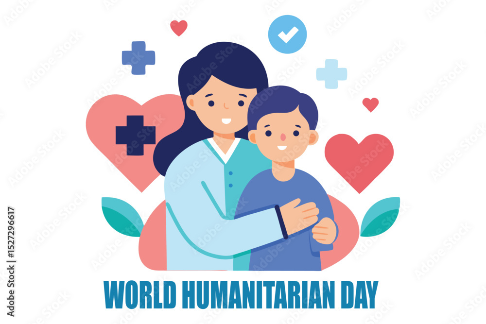 World Humanitarian Day Vector – Medical Worker Comforting Child with Hearts, Hopeful Illustration. World Humanitarian Day Vector – Medical Worker Comforting Child with Hearts, Hopeful Illustration.