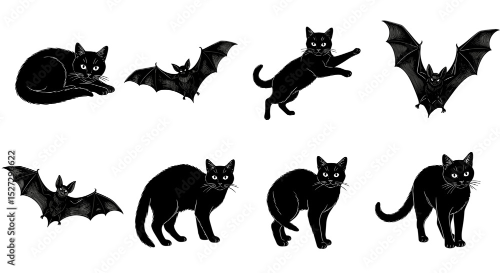 Obraz premium A collection of black cats in various poses with bats on a white background for halloween decor