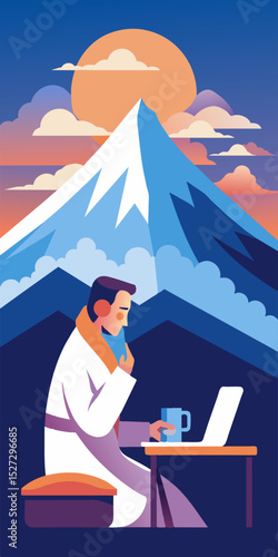 Take conference calls from the comfort of your fluffy bathrobe while gazing out at the breathtaking mountain vistas.. Vector illustration