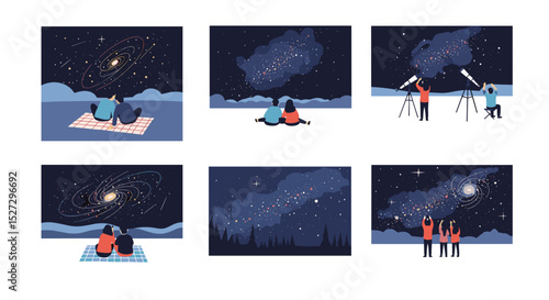 Illustrations of people stargazing at night sky with galaxies and constellations in different scenes