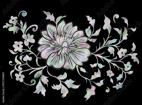 자개 꽃 문양 일러스트 : Traditional Mother-of-Pearl Floral Pattern Illustration