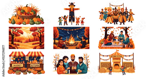Illustrations depicting various autumn themed activities and scenes in a cartoon style design