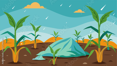 A sorrowful tableau of once thriving crops now lying limp under a plastic coating a visual metaphor for the harsh reality of environmental degradation.. Vector illustration