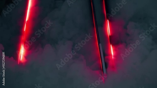 Abstract Red Neon Light Beams Emerging from Smoke in a Dark Environment for Creative Backgrounds