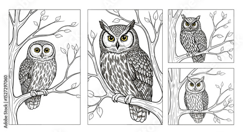 Bild auf Leinwand Illustrations of owls perched on branches in black and white drawing style with