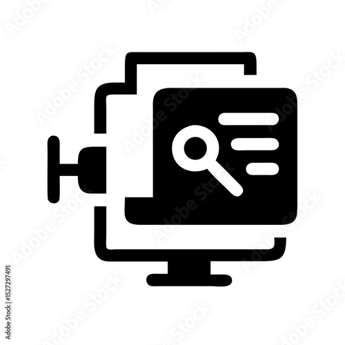 Solid black icon of a computer monitor with files compressed by a vise and a magnifying glass searching a document. Ideal for data management, software, search engines, or tech blogs
