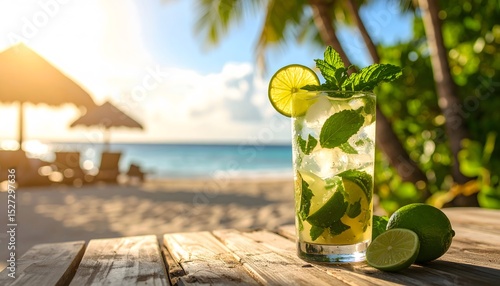 Fototapeta Naklejka Na Ścianę i Meble -  Refreshing mojito cocktail on a wooden table at a tropical beach