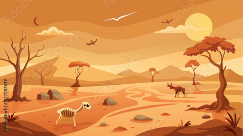 A deserted landscape ravaged by famine where the only signs of life are the skeletal remains of animals that couldnt survive.. Vector illustration
