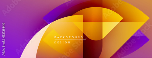 Abstract geometric shapes blend vibrant orange, purple hues. Modern design suggests fluidity, energy, dynamic composition. Background features text elements.