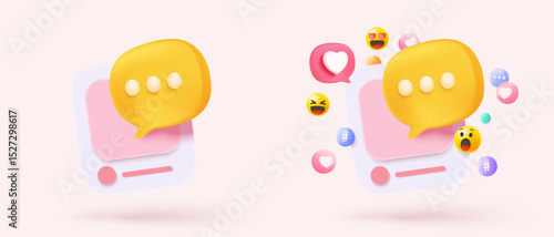 3D speech bubbles with notice symbol signs icon on social media. Chat dialogue bubble or user reply sign for important feedback in reminder. 3d speech announce icon vector render illustration