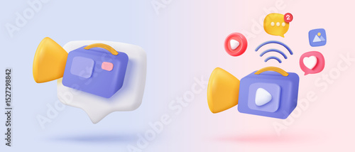 3d video camera simplicity icon signs with lens and button for theater. Realistic film movie icon, play button for streaming multimedia concepts. 3d movie cinema record icon vector render illustration
