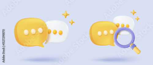 3D magnifier minimal notification icon with bubble speech floating around on background. glass with speech chat concept for social media element. 3d search icon for message vector render illustration