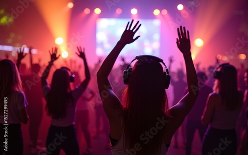 Young women dancing and enjoying music at silent disco festival. High quality