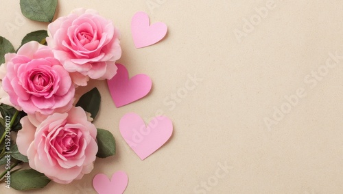 Fototapeta Naklejka Na Ścianę i Meble -  Delicate pink roses and hearts on beige background