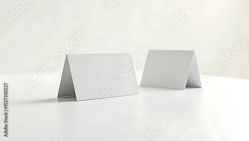Empty conference table tent card mockup standing upright on white desk. Concept of seat labeling, business meeting arrangement, and organized event planning.
